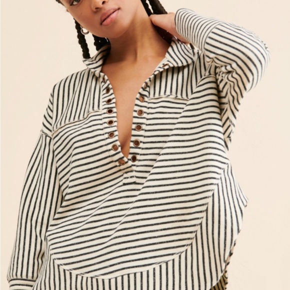 Anthropologie Pilcro striped cotton sweatshirt oversized grommets black-cream S - Picture 2 of 8